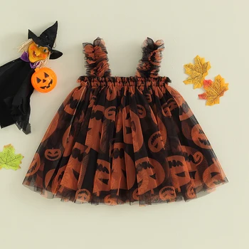 Тюлевое платье для девочки без рукавов с квадратным вырезом, платье-пачка с тыквенным принтом, одежда для Хэллоуина