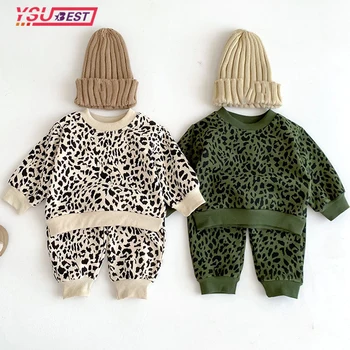Одежда для маленьких мальчиков и девочек, весенний детский пуловер и брюки, комплект из 2 предметов, детская толстовка, спортивный костюм, Леопардовая хлопковая одежда для младенцев в Корейском стиле