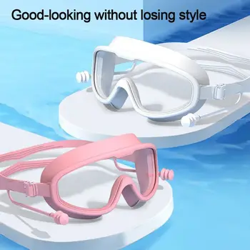 с затычками для ушей Детские очки для плавания в большой оправе, детские очки с широким обзором, водонепроницаемые противотуманные очки для плавания высокой четкости