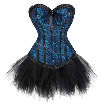 Платье-корсет, юбка-пачка, комплект с бюстом и кружевом, сексуальный женский наряд в стиле Бурлеск, большие размеры, готический синий на Хэллоуин