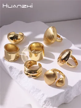 Металлические кольца золотого цвета HUANZHI для девочек с преувеличенным массивным отверстием, нерегулярные украшения, регулируемая гладкая текстура, мода Ретро