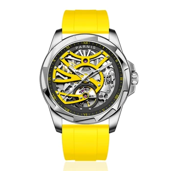 Новое поступление Parnis 43 мм Желтый циферблат Мужские часы Сапфировое стекло Каучуковый ремешок Автоматические Механические часы Топ Люксовый бренд 2023