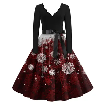 Женское Рождественское платье, модное платье с принтом в виде снежинки и клетки, повседневное женское вечернее платье с V-образным вырезом и шнуровкой на талии