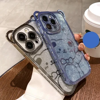 Забавный корейский стиль, милый мультяшный чехол для телефона с синим медведем для iPhone 15 14 12 13 11 Pro Max, силиконовый чехол для защиты объектива