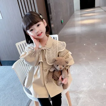 Пальто для девочек 2023, весна-осень, новая корейская версия, кружевной кукольный воротник, повседневная модная универсальная куртка-тренч с длинным рукавом