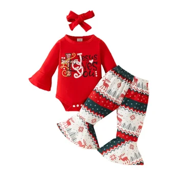Рождественские комбинезоны для новорожденных девочек, комбинезон с длинными рукавами + Расклешенные брюки с рисунком лося + Повязка на голову с бантом