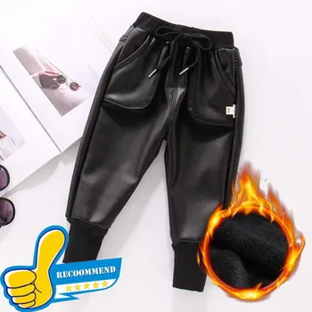 Черные брюки из искусственной кожи для мальчиков, детские зимние флисовые имитационные Детские Теплые Детские Кожаные брюки, Кожаные брюки для мальчика-подростка