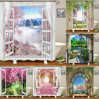 3D пейзаж оконного проема занавеска для душа с принтом пейзажа, моющаяся занавеска от плесени, украшение ванной комнаты с крючками, занавеска
