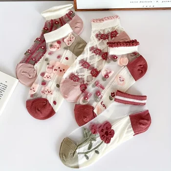 5 Пар носков с цветочной кружевной сеткой, Тонкие Прозрачные носки до щиколоток, Летние Весенние Эстетичные Носки из тюля с вышивкой, Милые каваи