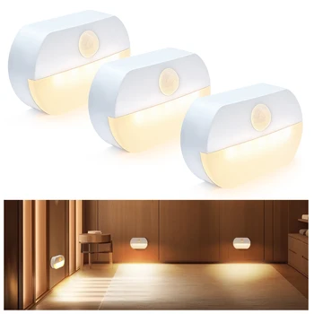 3 Шт. Светодиодный ночник с ночным датчиком движения AAA на батарейках со светодиодным освещением прикроватная лампа для домашнего декора комнаты