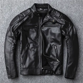 2023 Мотоциклетная куртка большого размера Мужская куртка из натуральной кожи Винтажный каменный верхний слой из воловьей кожи Бомбер Черная кожаная куртка