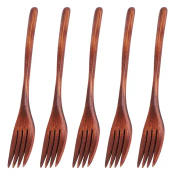 Деревянные вилки, 5 штук, японская деревянная вилка для салата, столовая посуда для взрослых (5 штук деревянных вилок без веревки)