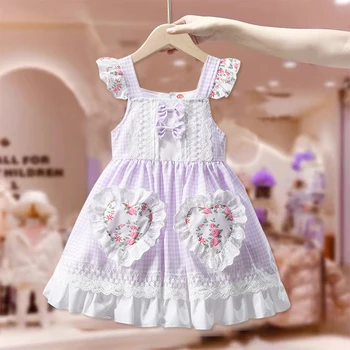 Летнее Платье-комбинация в опрятном стиле для маленьких девочек с квадратным воротником и длинными рукавами, кружевные платья принцессы с бантом в виде любви, детские платья в клетку