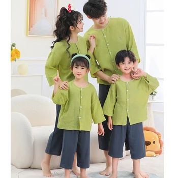 2023 Комплект одинаковой одежды для семьи, летний хлопковый костюм с удобными длинными брюками в японском стиле, комплекты из 2 предметов для мамы, папы и мальчика