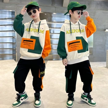 Весенне-осенняя мода для мальчиков в стиле пэчворк с капюшоном и буквенным принтом, толстовки с длинными рукавами, Корейские брюки-карго длиной до щиколоток, эластичный пояс