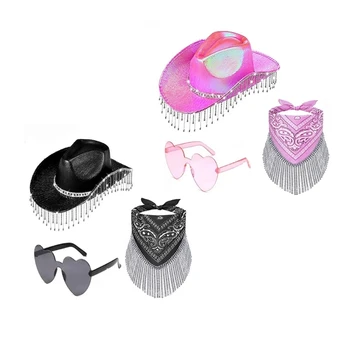 L5YA Бандана и ковбойская шляпа Cowgirl Weatern и солнцезащитные очки в виде сердца для женских праздничных костюмов, комплект из 3 предметов