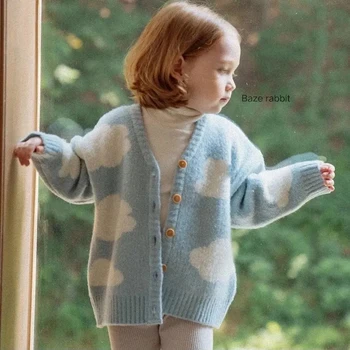 Облако, Детские вязаные кардиганы с V-образным вырезом, однобортный свитер для девочек, пальто, утепленный осенне-зимний детский свитер, кардиганы