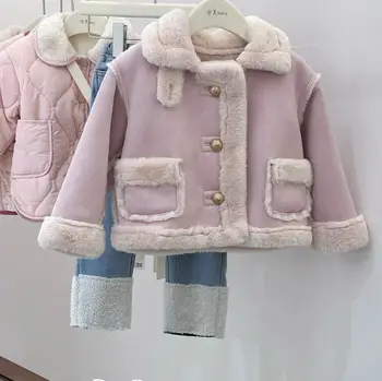 Зимние флисовые куртки из искусственного меха для девочек, однобортное утепленное Теплое пальто из овечьей шерсти, Корейское Детское пальто, верхняя одежда