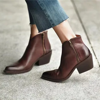 2024 Классические Осенние Ботинки Женская Высококачественная Обувь из Натуральной Кожи для Женщин, Ботильоны с острым носком, Массивная Обувь В Западном Стиле