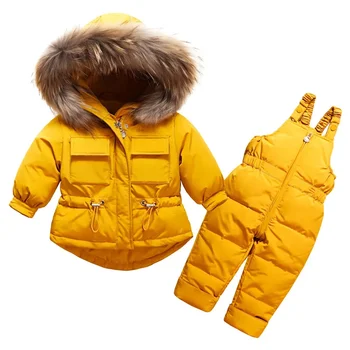 -30 градусов Зимний комплект одежды для маленьких мальчиков и девочек, зимние костюмы, парка для малышей, детская одежда, лыжные комбинезоны, пальто на утином пуху, куртка + комбинезон