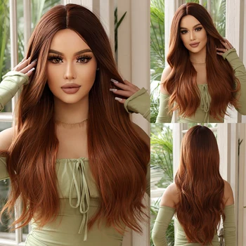 Красно-медно-коричневый длинный волнистый синтетический парик с темными корнями для чернокожих женщин, афро-средняя часть, парики с натуральной волной, Термостойкие волосы