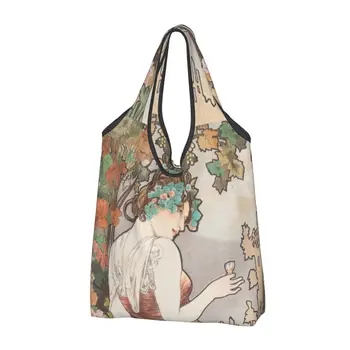 Большие многоразовые продуктовые сумки Alphonse Mucha 1899 Art, перерабатываемые складные женские эко-сумки для покупок в стиле ретро, которые можно стирать с чехлом