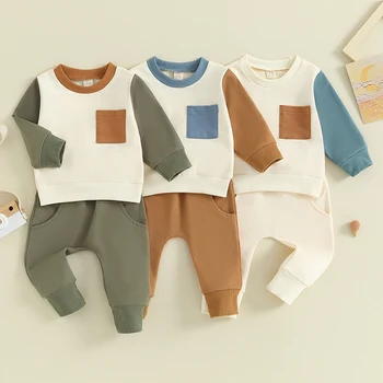 2 предмета одежды для маленьких мальчиков Контрастного цвета, толстовки с длинными рукавами и спортивные штаны с эластичной резинкой на талии для осенней одежды для малышей