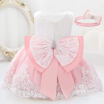 Детское бело-розовое платье на Первый День рождения для девочки, костюм принцессы с большим бантом, платья для крещения девочек, праздничное платье для ребенка