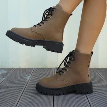 Горячая распродажа 2023 года, Женская обувь, женские ботинки на шнуровке, осенние модные ботинки с круглым носком, на среднем каблуке, водонепроницаемые, с коротким бочком
