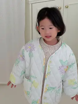 Парки, Корейская детская одежда, Зимний Новый продукт, пальто для девочек, белая хлопковая Корейская куртка в цветочек с круглым воротником и принтом