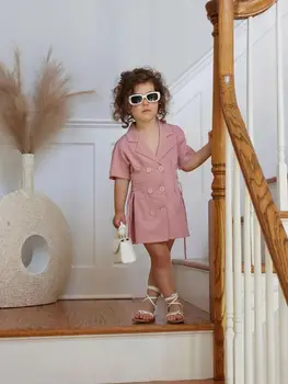 Модное платье для девочек, Летняя детская рубашка с короткими рукавами, Двубортное платье с завышенной талией, юбка-трапеция для малышей от 1 до 10 лет