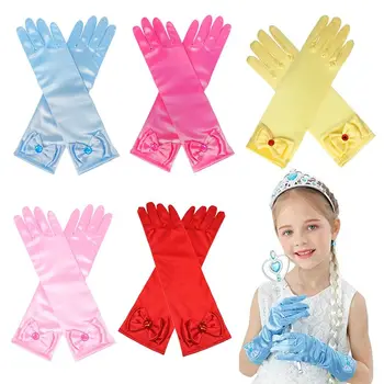 Детские длинные перчатки Сценические перчатки для танцевального представления принцессы, атласные блестки, перчатки с бантом, варежки на все пальцы, подарки на День рождения