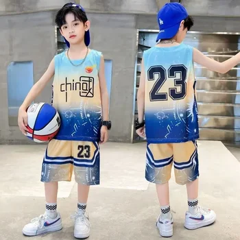 Новая баскетбольная форма для мальчиков, спортивная одежда на открытом воздухе для мальчиков 5-14 лет, молодежный баскетбольный жилет, короткий костюм, Летний комплект детской одежды