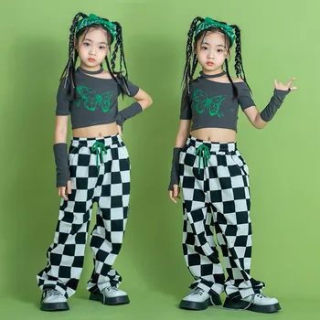 Укороченный топ в стиле хип-хоп с открытыми плечами для девочек, нарукавник для уличных танцев, клетчатые брюки, детская уличная одежда, комплекты одежды, детские джазовые костюмы