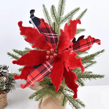 Рождественские украшения, красные клетчатые бархатные цветочные черенки, подвешенные к Рождественской елке