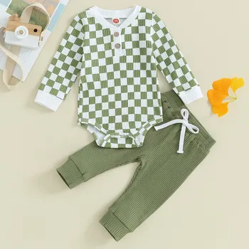 Комплекты брюк для новорожденных мальчиков и девочек Весенне-осенняя одежда, боди и штаны в шахматном порядке с длинными рукавами, комплект одежды для младенцев