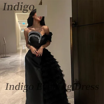 Индиго, Черные атласные платья для выпускного вечера, бусины в виде сердца, трапециевидное тюлевое женское платье для официальных мероприятий 2024, вечерние платья.