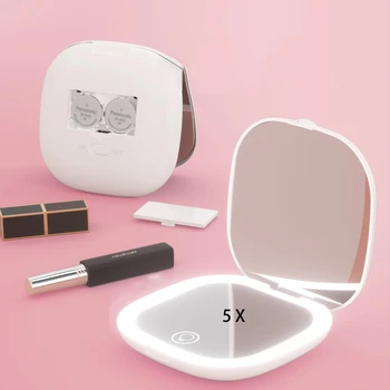 Компактное МИНИ-зеркало для макияжа со светодиодной подсветкой с 5-кратным увеличением, Маленькое Карманное Переносное Дорожное Розовое Черное Складное Косметическое зеркало для туалетного столика