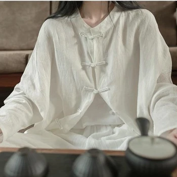 Китайский топ для женщин средней длины, весенне-осенний новый костюм Tang, рубашка Zen в китайском стиле, белая элегантная куртка в стиле ретро в китайском стиле