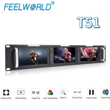 Feelworld T51 Трехместный монитор для монтажа в стойку 5 дюймов 2RU LCD 3G-SDI HDMI Вход-выход Монитор качества уровня вещания