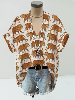 Женский топ с тигровым принтом, летний тренд, дышащая рубашка с 3D-принтом Tiger King, уличная индивидуальность, свободный пуловер с V-образным вырезом, футболка