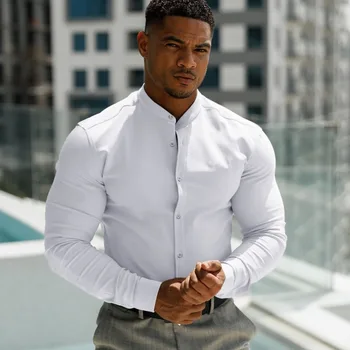 Новая мужская одежда, рубашка с высокой эластичностью для фитнеса, спортивные мускулистые мужчины, воротник-стойка, Тонкая Английская деловая официальная рубашка, блузка
