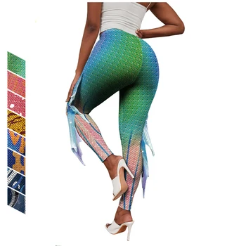 Женские брюки с принтом в виде рыбы-русалки, эластичные обтягивающие штаны для плавания и йоги во всю длину с высокой талией