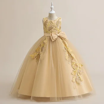 Новое платье принцессы с цветочным узором для девочек, сетчатая пышная юбка, платье для фортепианного представления, детское платье для маленьких девочек
