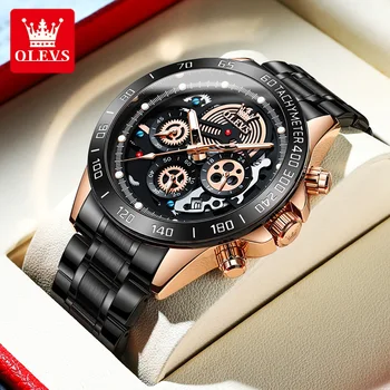 OLEVS Высококачественные кварцевые часы для мужчин, Водонепроницаемые мужские наручные часы со светящимся хронографом из нержавеющей стали, мужские часы с черным циферблатом