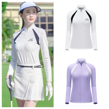 Женская рубашка для гольфа с эластичным воротником на молнии, женские быстросохнущие весенние топы с длинными рукавами, Тонкая теннисная блузка в стиле пэчворк, повседневная одежда