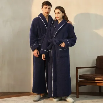 Пижамы для пары, осень и зима, утолщенный теплый хлопковый бархатный халат, а также удлиненные пижамы для мужчин и женщин большого размера