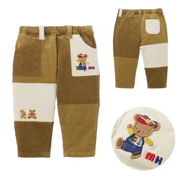 Осенне-зимние детские брюки Для мальчиков и девочек с вышивкой мультяшного медведя, Вельветовые брюки с цветными блоками, слаксы