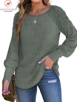 Модные женские однотонные футболки с усадочным дизайном, с круглым вырезом, с длинным рукавом, осенние повседневные Свободные пуловеры, топ