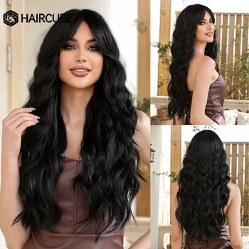Длинные черные волнистые парики HAIRCUBE с челкой для чернокожих женщин, термостойкие синтетические парики, косплей, Хэллоуин, волосы из натуральных волокон